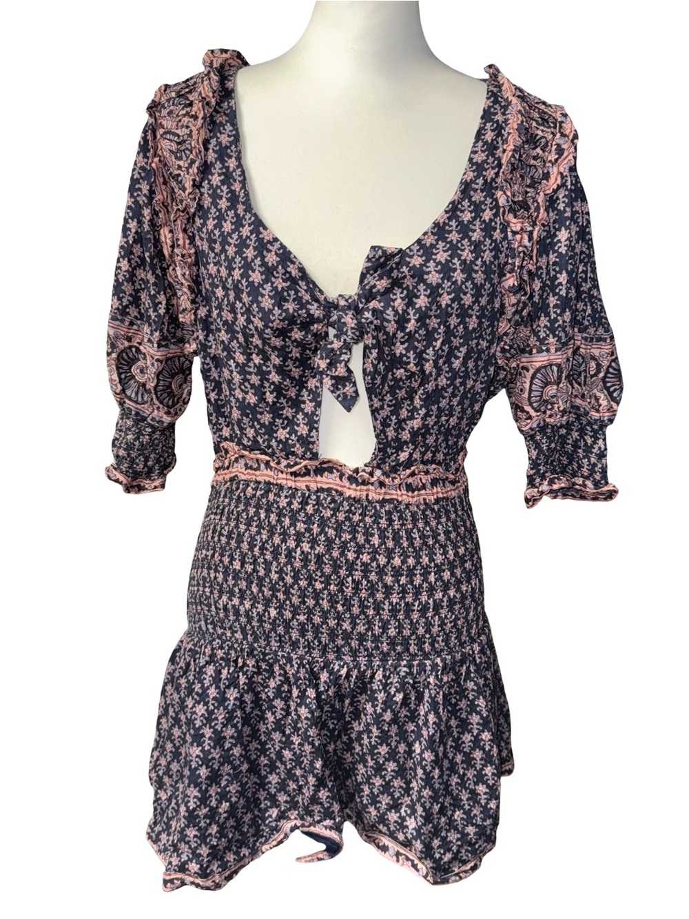 Sea New York Romper Shorts Jumpsuit Puff Sleeve Floral Tie Bow Navy Pink Size 6